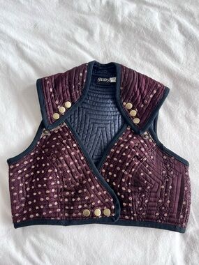 Kashi 100% Silk Burgundy Quilted Cropped Vest with Black Trim